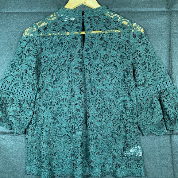 LOFT Womens Blouse Green Floral Lace Bell Sleeve Crochet Sheer Stretch XS - Picture 11 of 16
